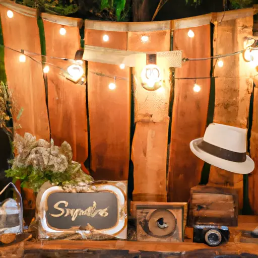 An image of a rustic outdoor wedding setup with a charming vintage-style photo booth