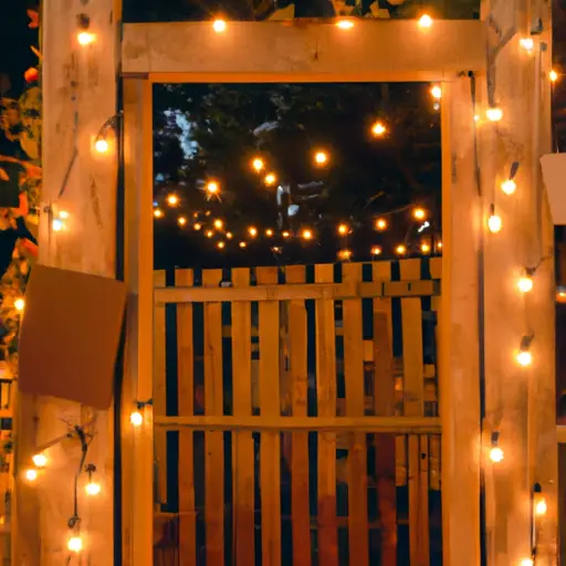 An image showcasing a whimsical outdoor wedding photo booth: Soft string lights delicately draped around a rustic wooden frame, casting a warm glow on a vintage-inspired backdrop adorned with cascading fairy lights and twinkling lanterns