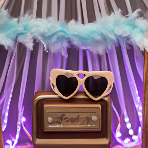 An image featuring a vintage-inspired wooden photo booth frame adorned with fairy lights, draped with flowing white curtains