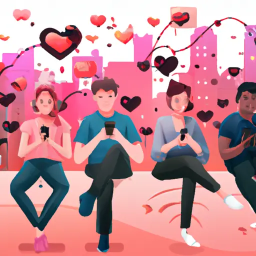 An image showcasing a diverse group of young adults, each engrossed in their mobile phones, while surrounded by vibrant digital hearts floating above them