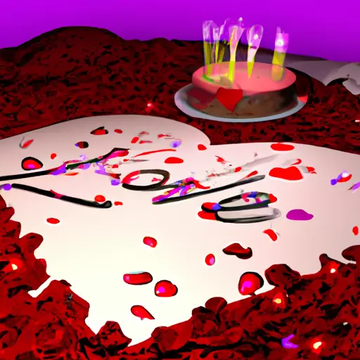 An image featuring a soft, candlelit room with rose petals scattered on a bed, where a handwritten love letter lies beside a heart-shaped birthday cake adorned with flickering candles