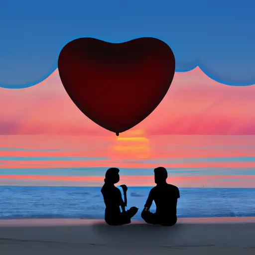 An image of a couple sitting on a beach at sunset, holding hands and gazing into each other's eyes, while a heart-shaped balloon floats above them