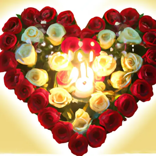 An image of a vibrant bouquet of roses, delicately arranged in a heart shape, adorned with a single candle in the center, representing the affectionate love and warm birthday wishes for your beloved wife