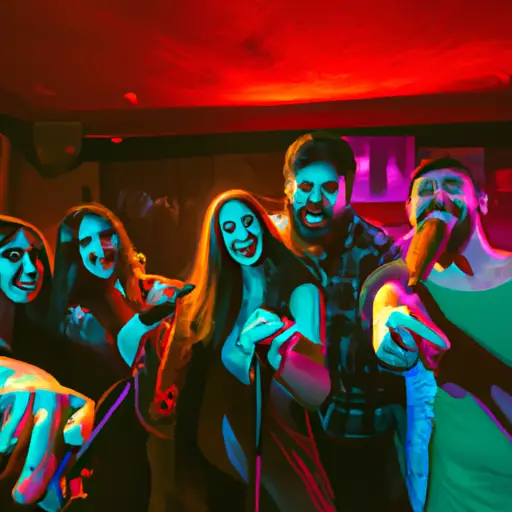 An image featuring a lively karaoke bar scene, with a diverse group of people passionately singing their hearts out to popular pop hits
