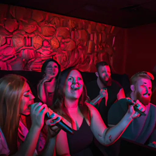 An image showcasing a dimly lit karaoke room filled with people, their faces illuminated by the glow of the microphone