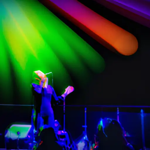 An image featuring a stage with a vibrant backdrop, illuminated by colorful spotlights