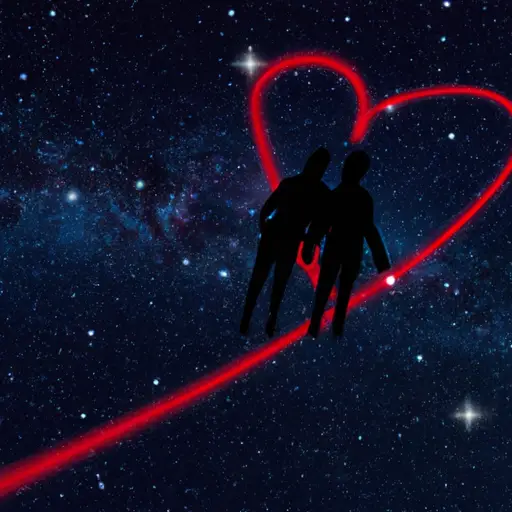 An image showcasing the essence of long distance love through a visual representation of two intertwined red strings, stretching across a vast, starlit sky, connecting two silhouetted figures with hearts glowing brightly in their chests