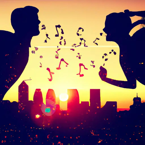 An image featuring a vibrant city skyline at sunset, with a couple dancing joyfully on opposite sides of the frame