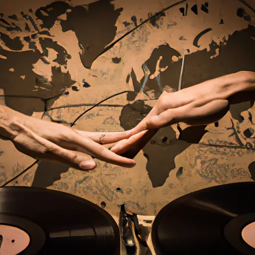 An image of two intertwined hands, reaching out from opposite sides of a world map, connected by a delicate string of musical notes