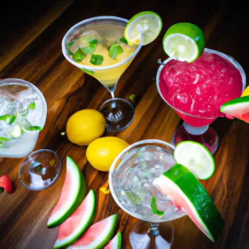 An image showcasing a colorful array of refreshing low-calorie alcoholic mixed drinks: a vibrant watermelon margarita with a salted rim, a sparkling cucumber mojito garnished with fresh mint leaves, and a light, citrusy vodka spritzer adorned with lemon slices