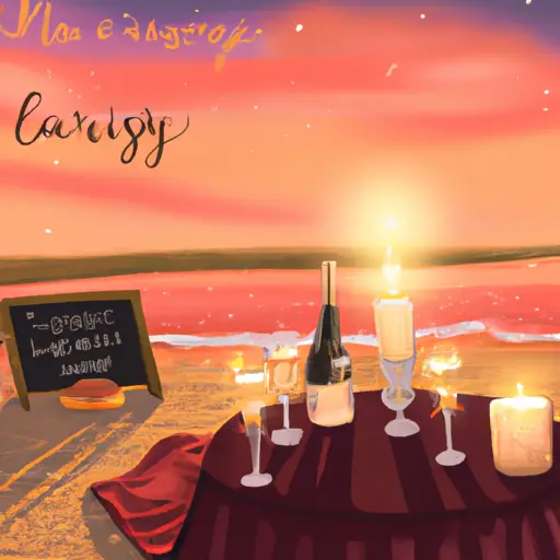 An image showcasing a breathtaking sunset on a secluded beach, where a couple sits on a cozy blanket, surrounded by flickering candles, champagne, and a beautifully arranged picnic spread for a dreamy marriage proposal