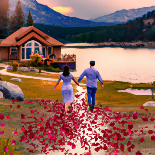 An image showcasing a couple joyfully running hand in hand towards a secluded lakeside cabin, surrounded by breathtaking mountains, as the sun sets behind them, illuminating the path lined with rose petals