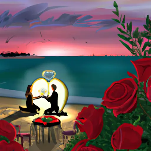 An image showcasing a candlelit dinner on a picturesque beach at sunset, with a couple standing by a heart-shaped arrangement of red roses, as the groom-to-be bends down on one knee, holding a sparkling engagement ring