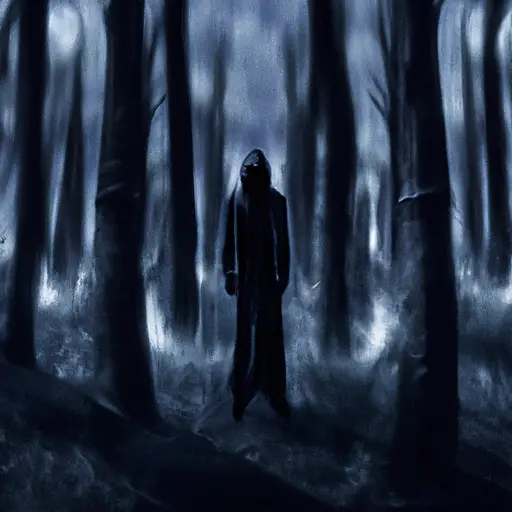An image depicting a solitary figure standing amidst a dark forest, their face etched with anguish, surrounded by shadows of faceless figures