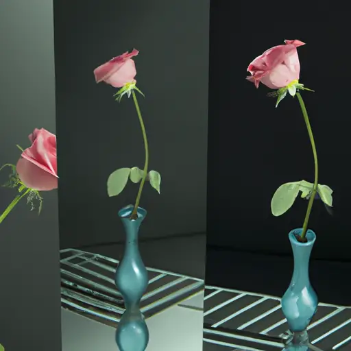 An image showcasing a solitary rose in a vase, surrounded by mirrors reflecting distorted reflections