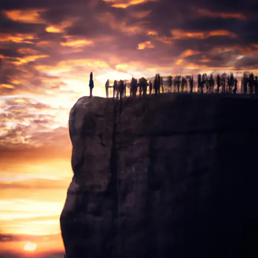 An image showcasing the silhouette of a person standing alone on a cliff, their back turned towards a crowd of faceless figures