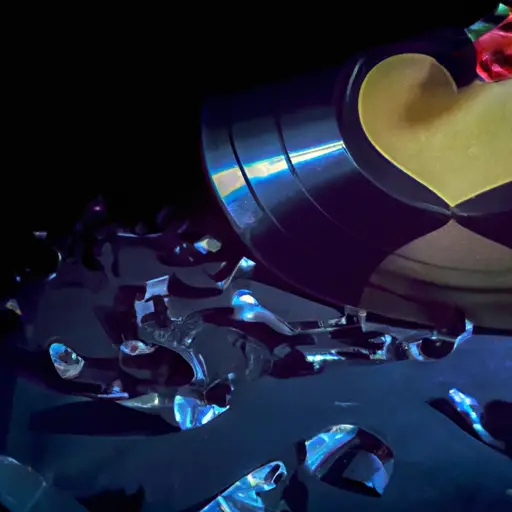 An image showcasing a shattered heart-shaped vinyl record, lying on a desolate, dimly lit stage