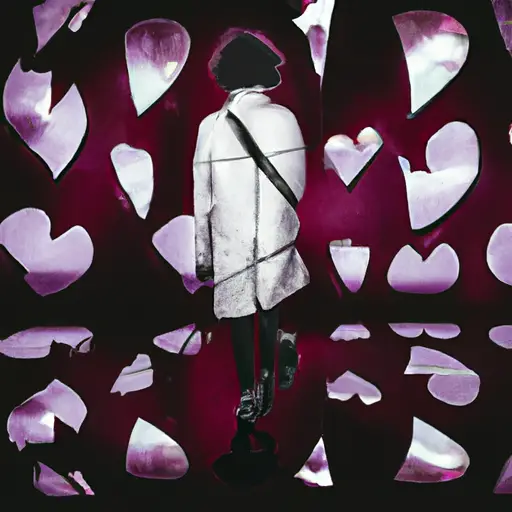 An image featuring a shattered mirror reflecting a solitary figure, surrounded by broken hearts