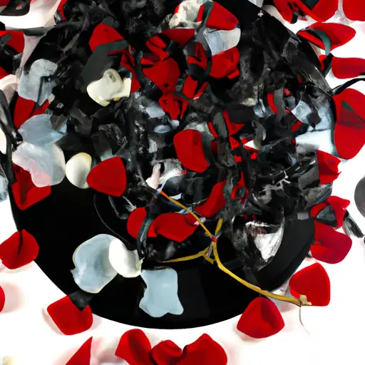 An image showcasing broken fragments of shattered vinyl records, surrounded by a tangle of tangled red and black rose petals, symbolizing the heartbreak and betrayal conveyed in the best songs about cheating and being cheated on