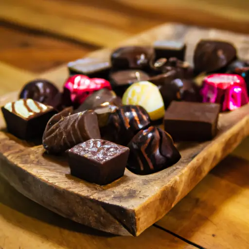 An image showcasing a mouthwatering assortment of sugar-free chocolates, elegantly arranged on a rustic wooden platter