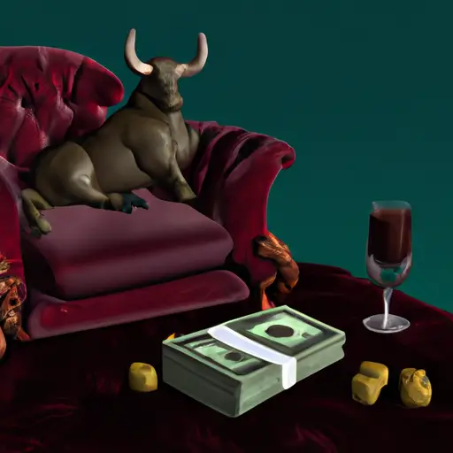 An image showcasing a content Taurus surrounded by luxurious symbols: a plush velvet armchair, a glass of fine wine, a plate of gourmet chocolates, and a stack of money