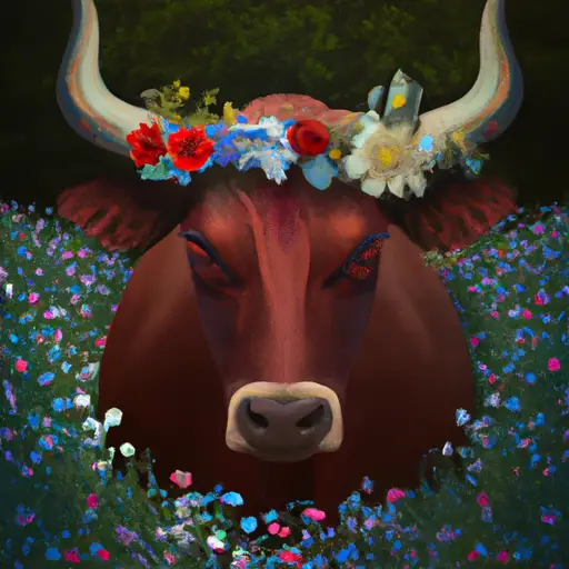 An image featuring a stubborn yet affectionate bull, adorned with a crown of blooming flowers, standing amidst a tranquil meadow
