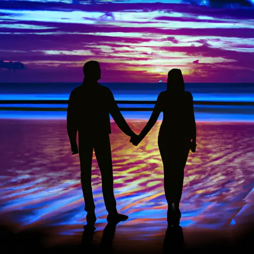 An image showcasing a vibrant sunset over a serene beach, with two silhouetted lovers standing hand in hand, capturing the essence of romantic love through their intimate embrace and longing gazes