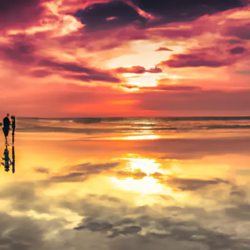 An image featuring a serene sunset over a beach, with two silhouetted figures walking hand in hand along the shore, evoking the profound connection of true love amidst the vastness of nature
