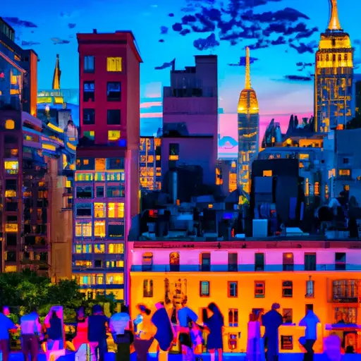 An image showcasing the vibrant streets of NYC at dusk, with a diverse group of young professionals enjoying rooftop bars, bustling cafes, and lively parks, capturing the essence of the best ways to meet singles in the city