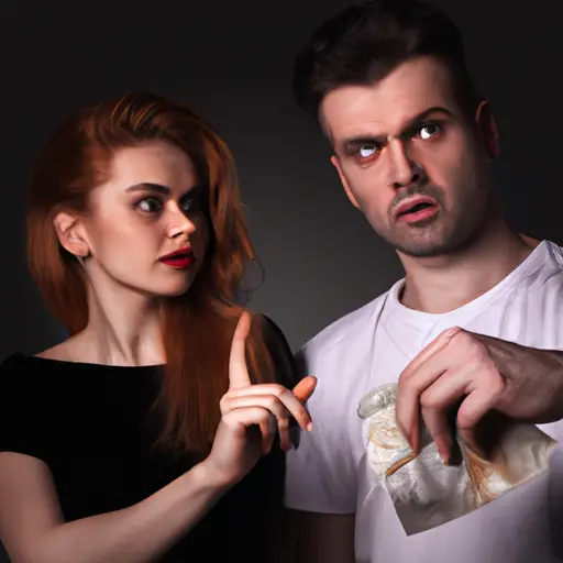 An image that captures the emotional conflict of a couple's financial struggle: a worried girlfriend holding a crumpled bill in one hand, while her boyfriend stands with a hesitant expression, reaching out for the money