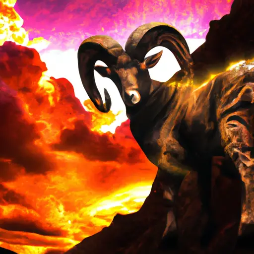 An image capturing the essence of Aries, the Fearless Trailblazer: a bold ram charging through a rocky mountain terrain, its fiery mane blazing against the backdrop of a vibrant sunset sky