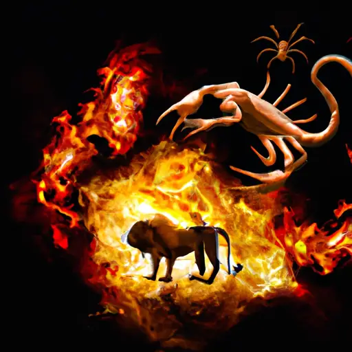 An image showcasing a roaring lion, fearlessly standing at the edge of a precipice, while a daring scorpion emerges from the depths, surrounded by intense flames and soaring above the abyss