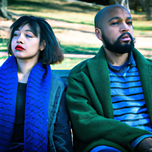 An image of a couple sitting side by side on a park bench, with a visible physical distance between them