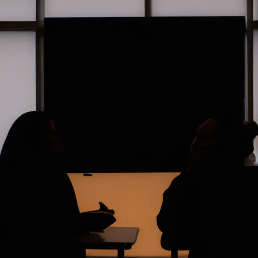 An image depicting a dimly lit classroom, with a blurred silhouette of a teacher and a student sitting closely together, their faces turned towards each other, evoking a sense of ambiguity and the question of boundaries