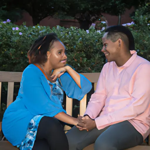 An image showcasing two individuals sitting side by side on a park bench, their eyes locked in a tender gaze, hands gently intertwined, their smiles revealing a deep connection beyond friendship