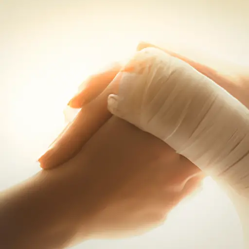 An image of a close-up of two hands gently holding each other, one wrapped in a hospital bandage