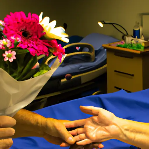 An image depicting a warm and inviting hospital room with soft lighting, a bouquet of vibrant flowers on a bedside table, and a loved one gently holding the patient's hand, offering a reassuring smile