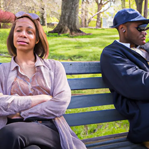 An image showing two people sitting on a park bench, one with a slightly anxious expression, while the other leans in attentively with a warm smile, their body language inviting and encouraging conversation