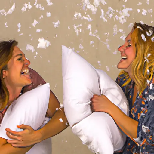An image of two friends engaged in a playful pillow fight, their faces adorned with mischievous grins