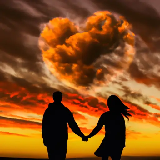 An image of a couple holding hands, silhouetted against a vibrant sunset, with a heart-shaped cloud floating above them