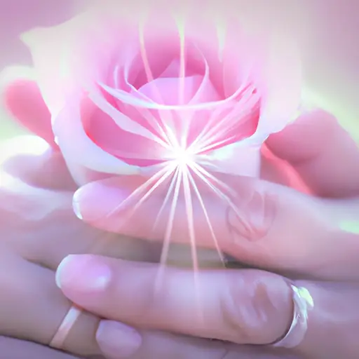 An enchanting image of a delicate pink rose gently cradled in a pair of hands, adorned with a sparkling diamond ring
