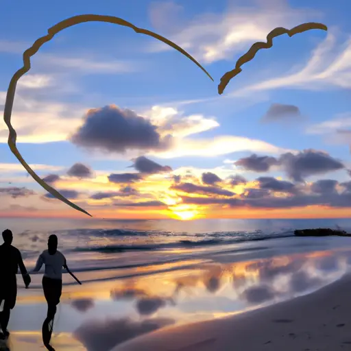 An image showcasing a couple strolling hand-in-hand along a serene beach at sunset, with their silhouettes framed by a heart-shaped cloud formation in the sky