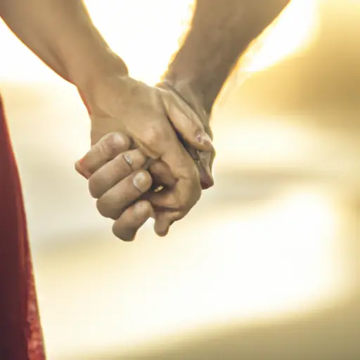 An image showcasing a couple holding hands on a serene beach at sunset, with the 40-year-old man's strong, weathered hands gently clasping the delicate, youthful hands of the woman in her 30s