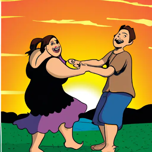 An image showcasing a couple on a romantic picnic, where a confident and happy chubby guy is playfully lifting his adoring partner, both laughing under a picturesque sunset as their love radiates