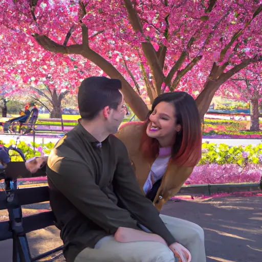 E sits on a park bench, surrounded by vibrant cherry blossom trees in full bloom