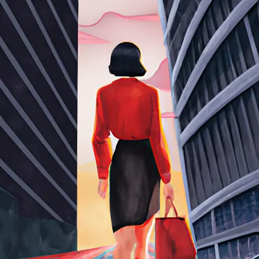 An image depicting a bustling city street at sunset, where a confident professional woman in a tailored suit walks gracefully amidst a sea of high-rise buildings, exuding ambition and independence