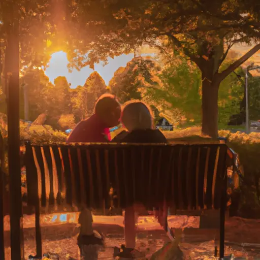 An image showcasing a vibrant sunset casting a warm glow over a couple, both in their mid-30s, sitting on a park bench, engrossed in deep conversation, radiating comfort and connection