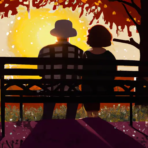 An image that portrays a couple sitting on a park bench, holding hands with intertwined fingers, while sharing a laugh; their eyes gleaming with warmth and love, as the golden sunset paints the sky