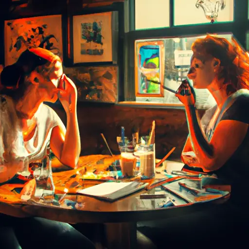 An image of two artists sitting at a rustic café, engrossed in deep conversation as their paintbrushes and pencils lay scattered on the table