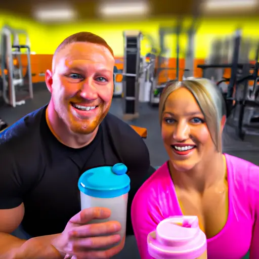 An image showcasing two fit individuals, drenched in sweat, smiling as they share a protein shake after an intense workout